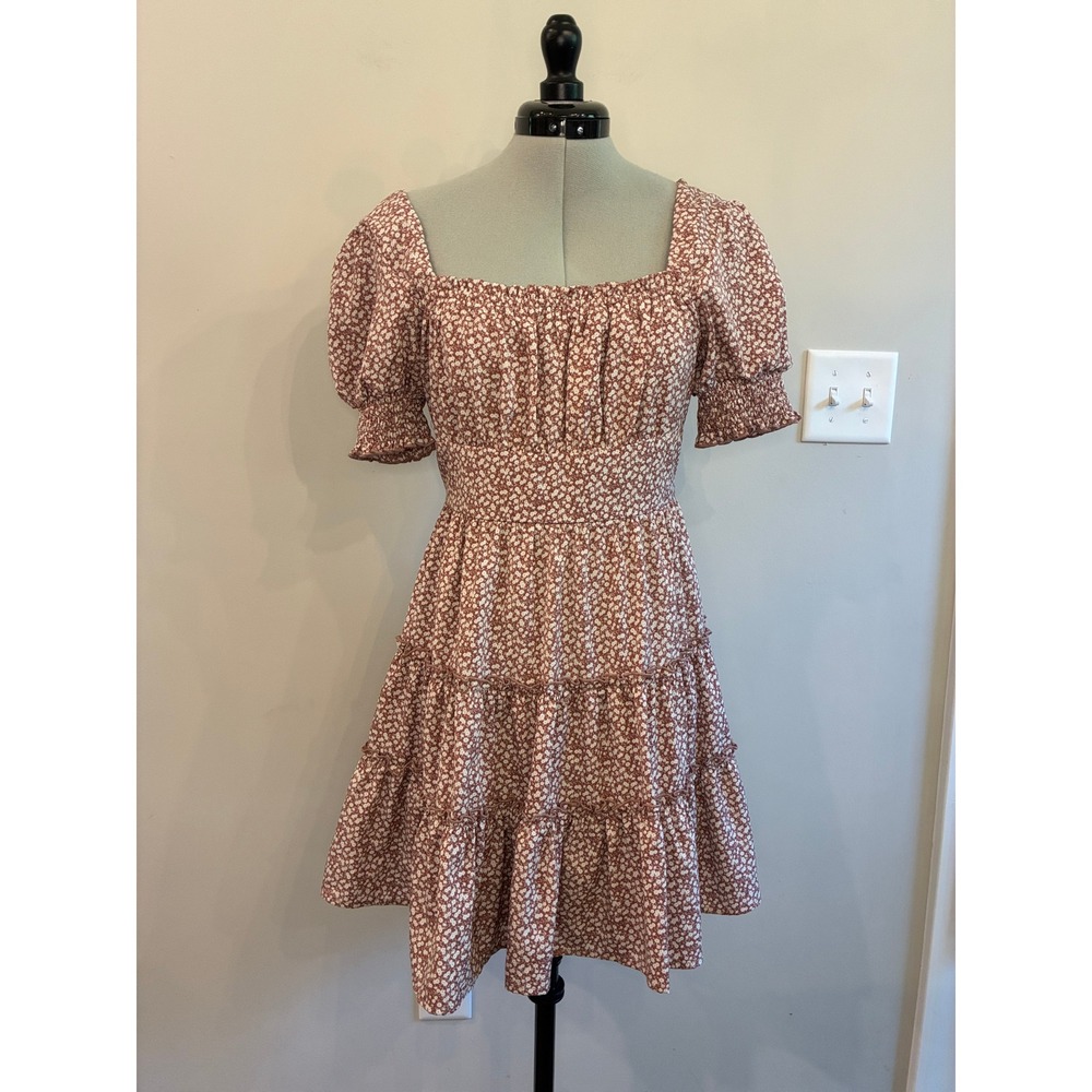 Altar'd State Floral Mini Dress Brown White Puff Sleeve Tiered Smocked Small